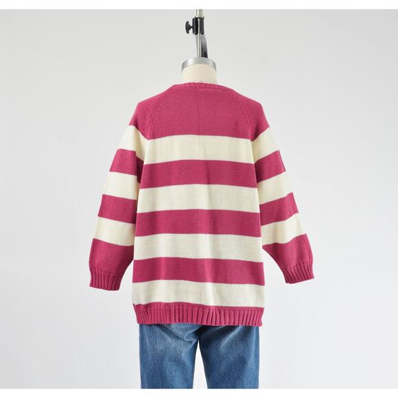 Vintage 80s Striped White Raspberry Acrylic Raglan Sleeve Sweater with Pocket - Picture 6 of 8